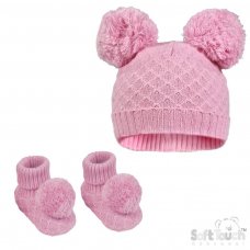 H610-BP: Pink Pom Pom Hat & Bootee Set (0-6m)